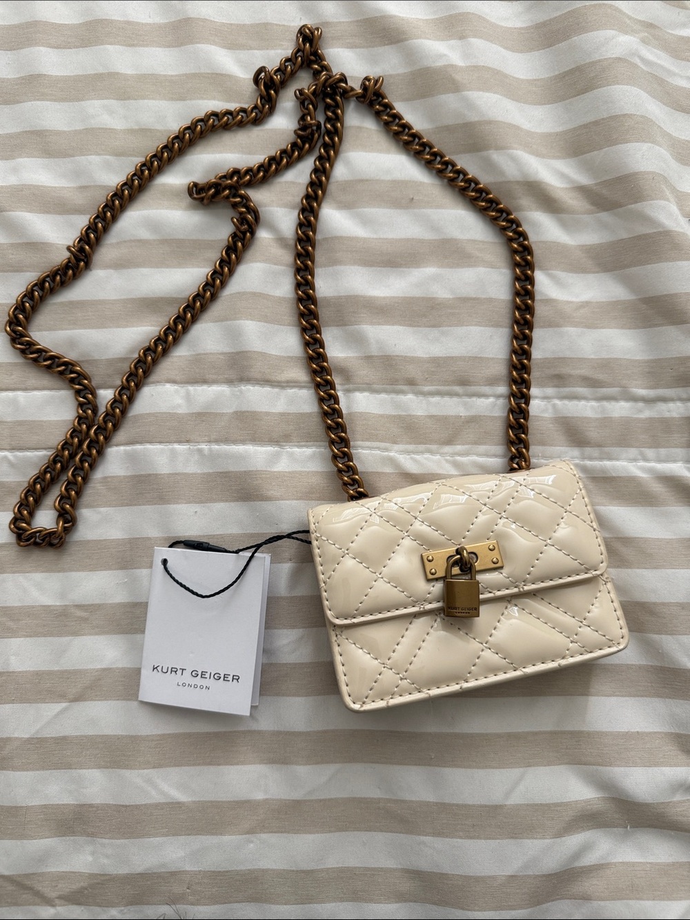 Kurt Geiger Cream Quilted Mini Crossbody with Gold Chain